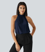 Blouse Travail Sans Manches Ourlet Courbé Col Haut Découpe au Dos Plis
