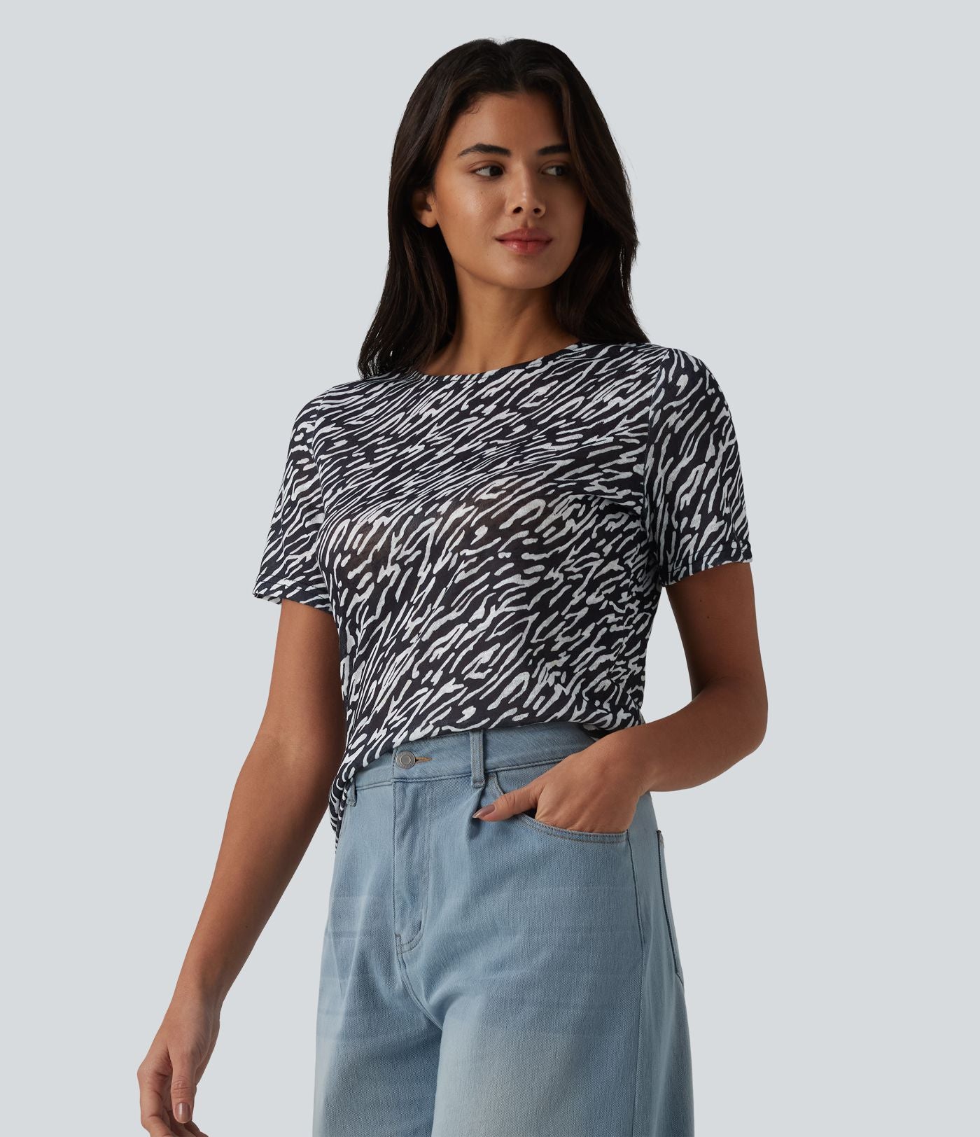 T-shirt casual imprimé zèbre col rond à manches courtes