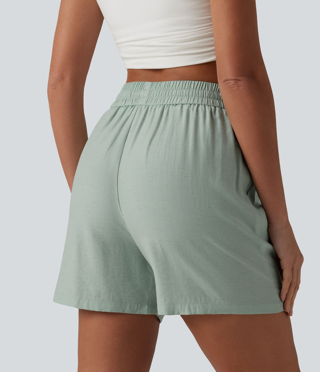 Short décontracté ample en lin mélangé taille haute avec cordon de serrage, 12,5 cm, et poches