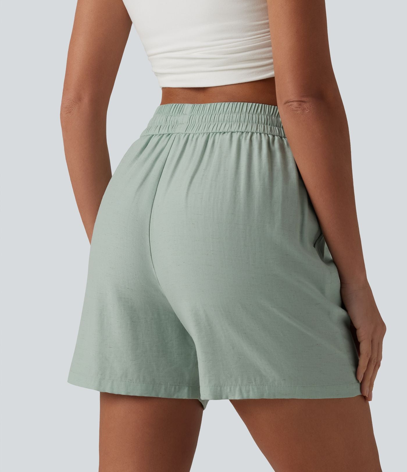 Short décontracté ample en lin mélangé taille haute avec cordon de serrage, 12,5 cm, et poches