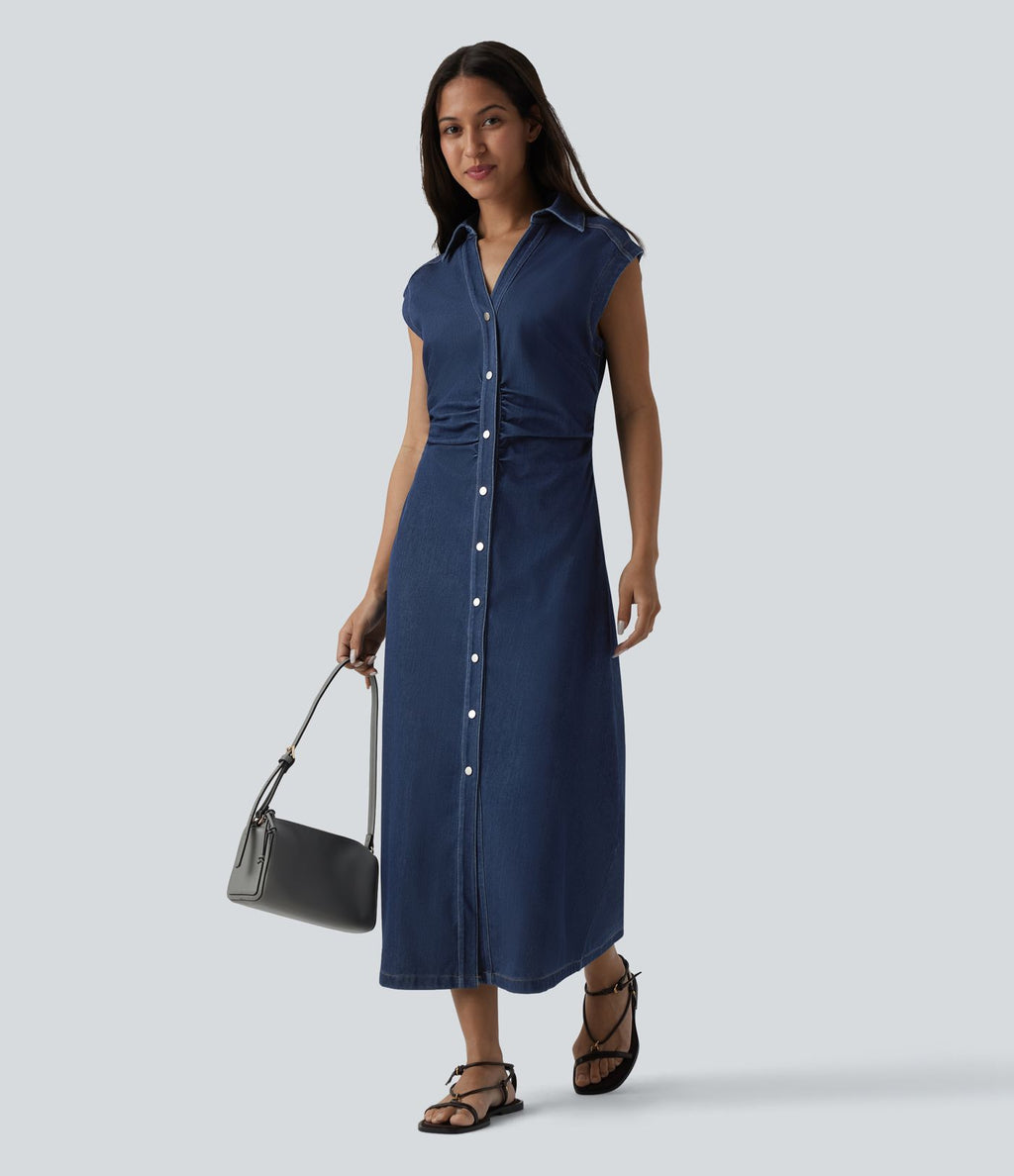 Halara Flex™ Robe décontractée en jean midi col V sans manches froncée avec boutonnière