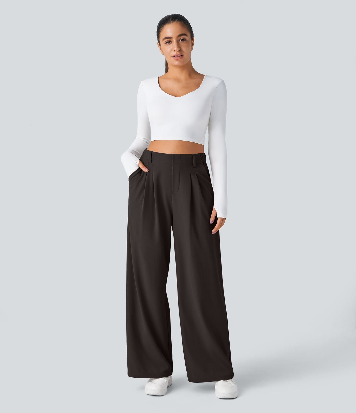 Halara Flex™ Pantalon Tailleur Large Fluide Gaufré Taille Haute Poches Latérales