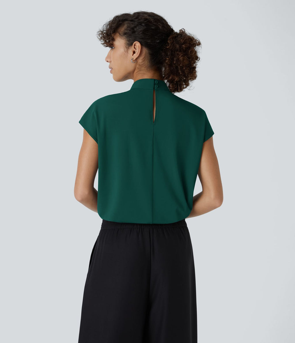 Blouse de Travail à Col Montant Plissée avec Boutons dans le Dos et Manches Courtes