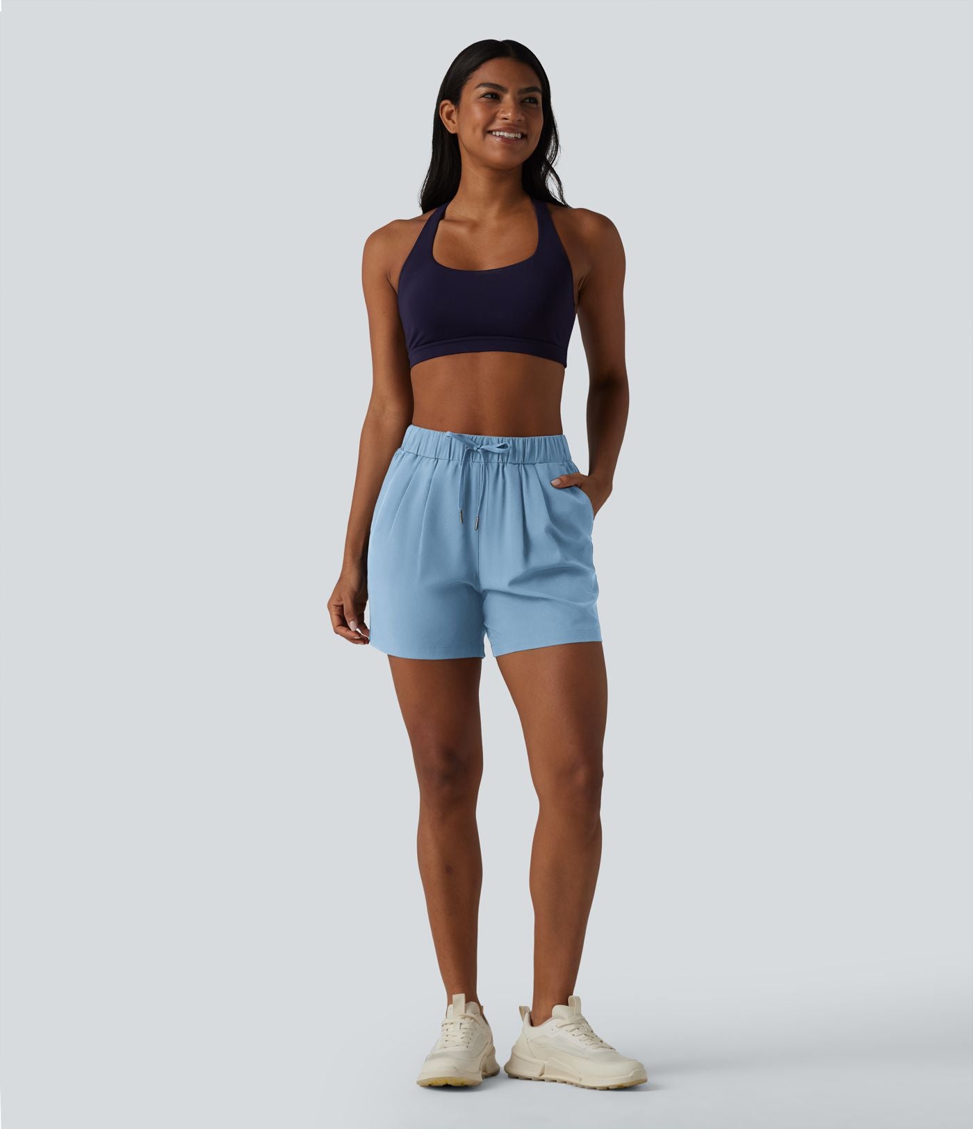 Short de yoga plissé taille haute élastique 12,5 cm avec cordon de serrage et poches