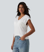 T-shirt casual jacquard col V à manches courtes