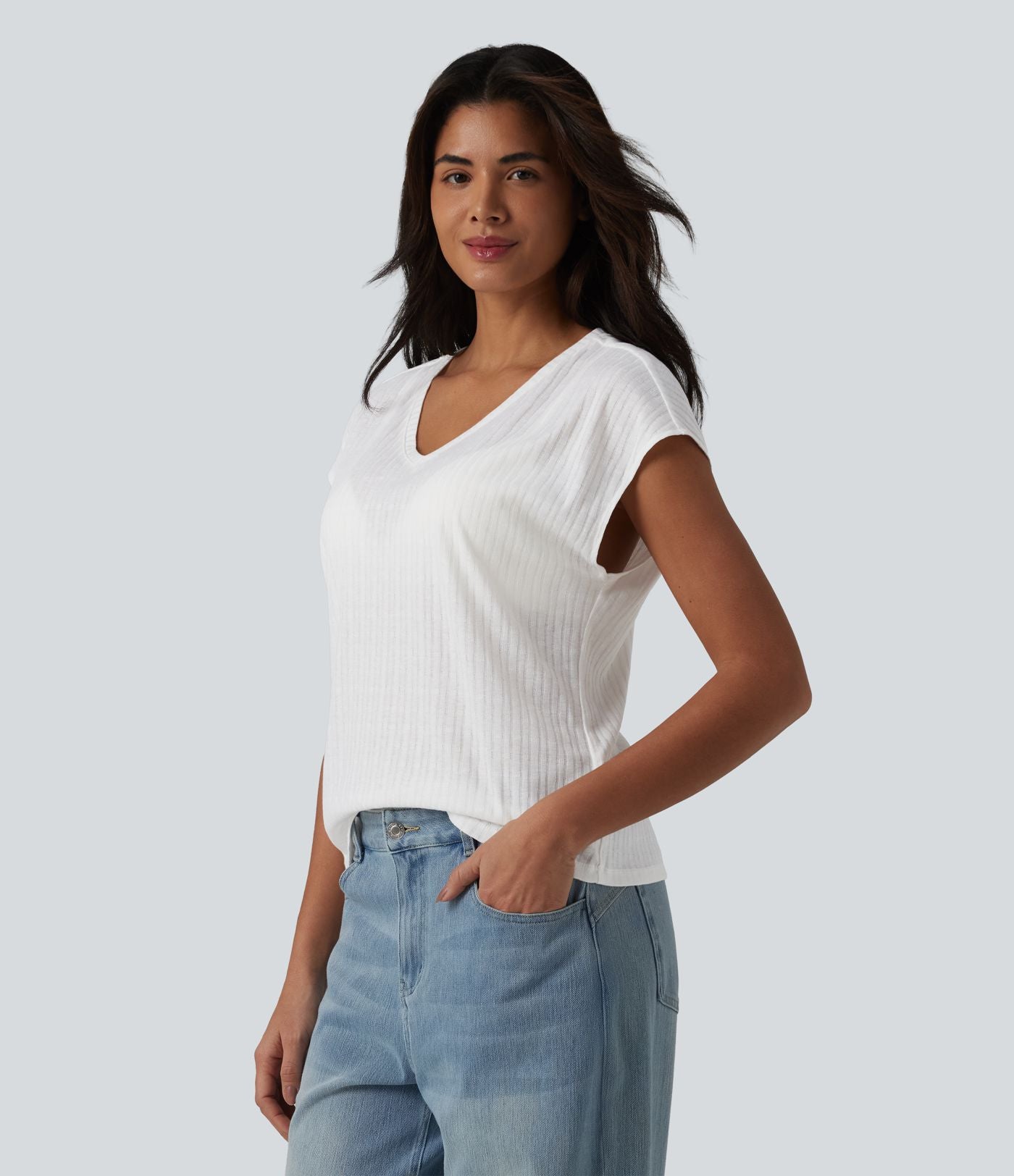 T-shirt casual jacquard col V à manches courtes