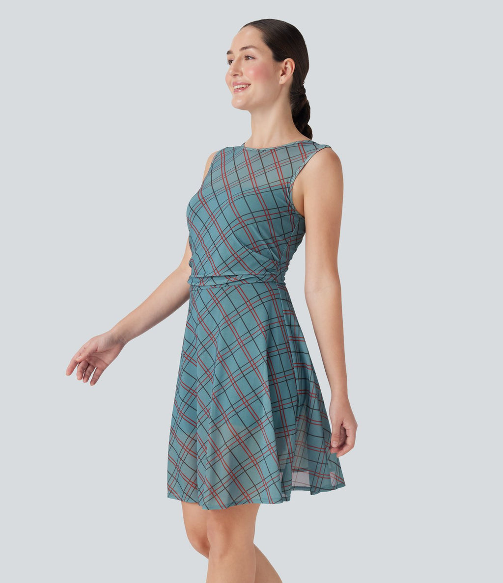 Robe mini décontractée 2-en-1 sans manches à carreaux avec empiècements mesh contrastés et poche latérale