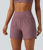 Short de yoga 2-en-1 à rayures, taille très haute, 12,5 cm, à poches