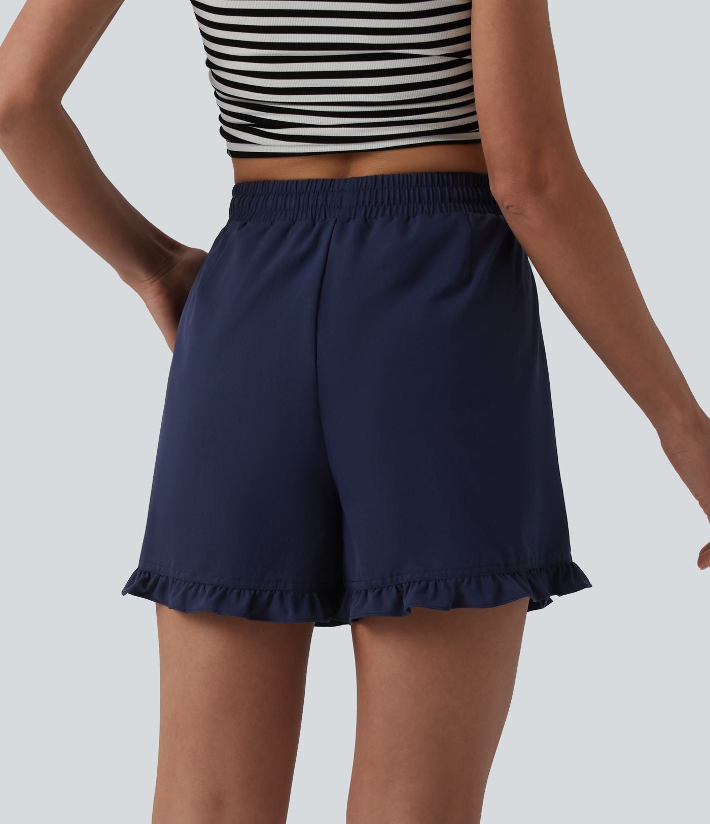 Short casual ample taille haute en popeline extensible à cordon de serrage et ourlet volants avec poches