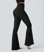 Pantalon de yoga évasé à taille haute croisée, poche arrière et dentelle