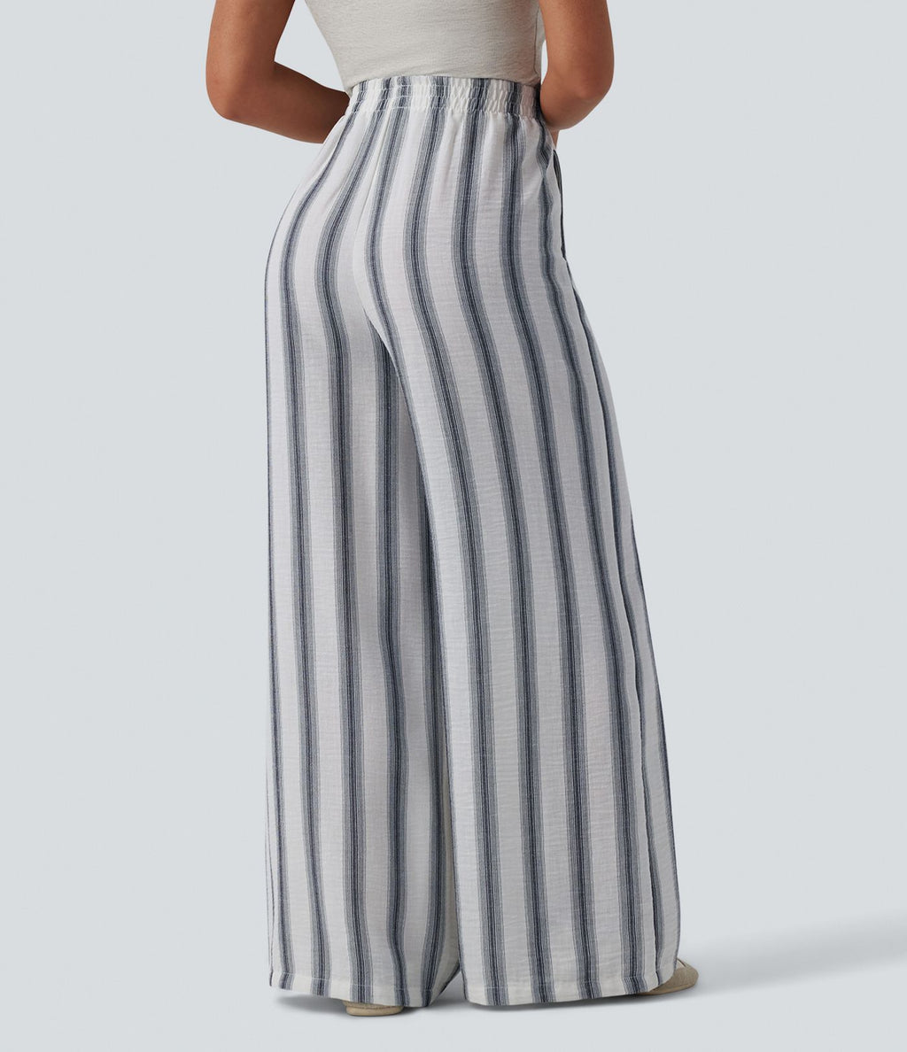 Pantalon casual ample taille haute aspect lin à rayures avec poches