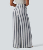 Pantalon casual ample taille haute aspect lin à rayures avec poches