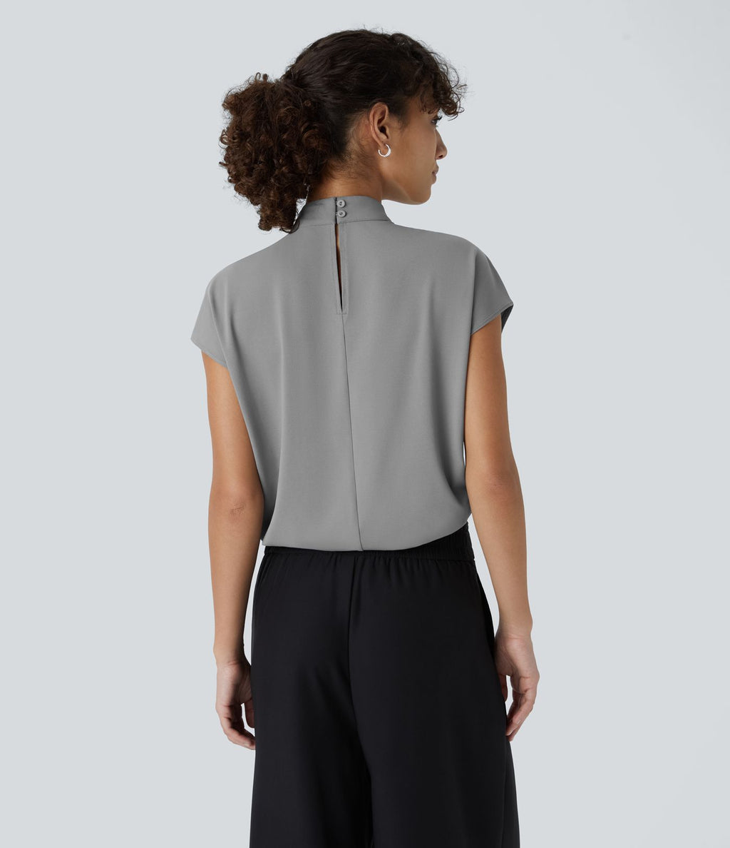 Blouse de Travail à Col Montant Plissée avec Boutons dans le Dos et Manches Courtes