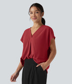 Blouse esprit bureau oversize défroissage facile, col V et manches courtes