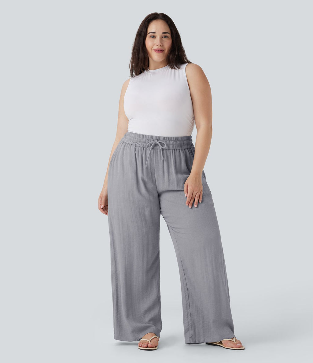 Pantalon décontracté grande taille large fluide taille haute effet lin avec cordon de serrage et poches