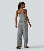 Combinaison casual sans manches à rayures en nid d'abeille torsadée froncée fermeture éclair invisible avec soutien-gorge intégré et poches - Easy Peasy