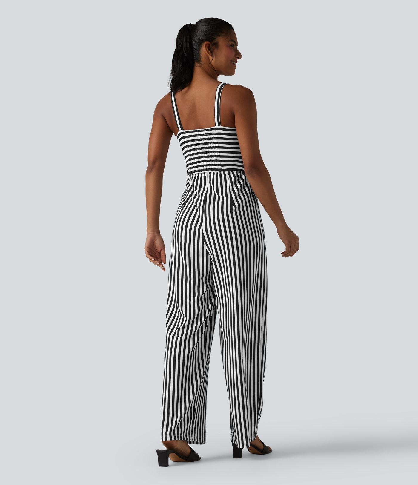 Combinaison casual sans manches à rayures en nid d'abeille torsadée froncée fermeture éclair invisible avec soutien-gorge intégré et poches - Easy Peasy