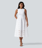 Robe midi de villégiature sans manches col rond à broderie anglaise, avec poches