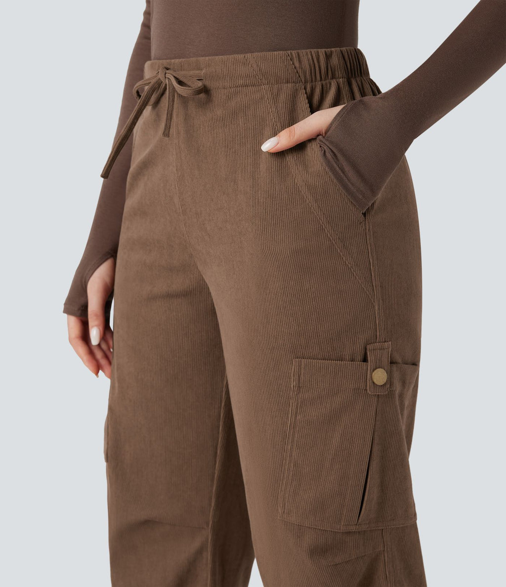 Pantalon jogging cargo velours côtelé coupe droite taille mi-haute avec cordon de serrage et poches