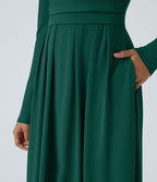 Robe longue décontractée à col montant, manches longues, plissée, avec poches latérales et coupe évasée