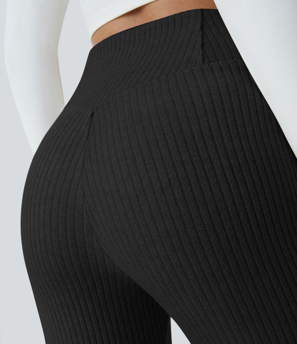 Pantalon Taille Haute Casual Évasés en Tricot Côtelé avec Poches Latérales et Croisé