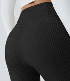 Pantalon Taille Haute Casual Évasés en Tricot Côtelé avec Poches Latérales et Croisé