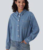 Halara Flex™ Chemise casual rayée en denim à manches longues avec poche