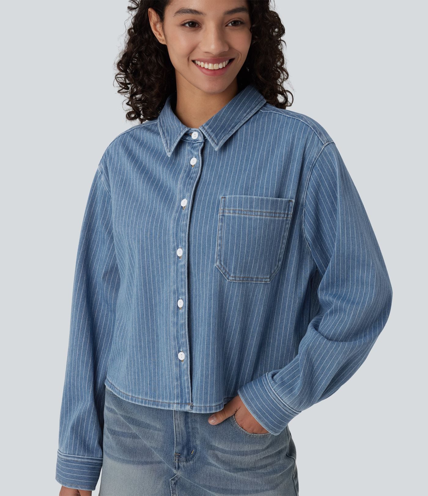 Halara Flex™ Chemise casual rayée en denim à manches longues avec poche