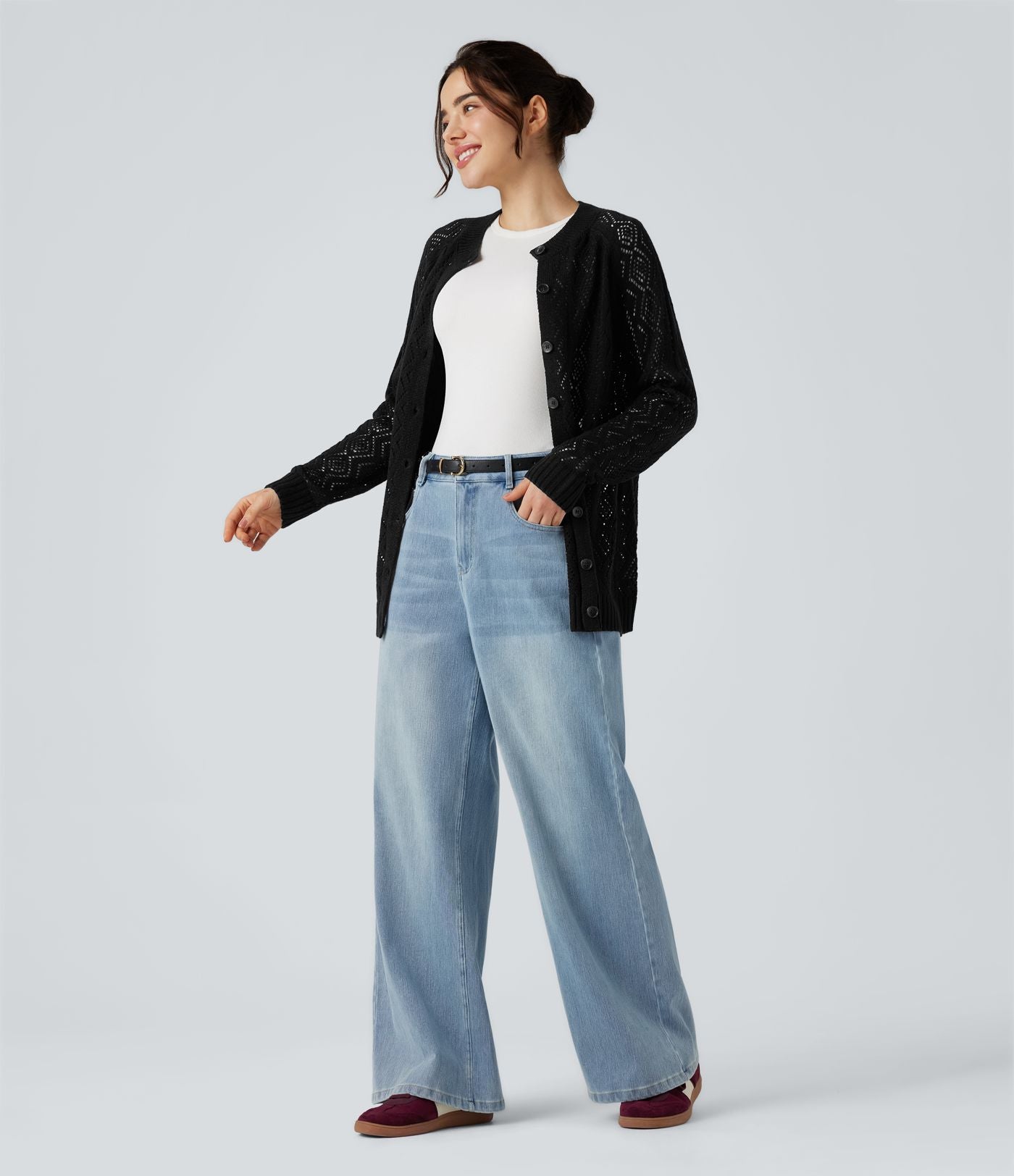 Cardigan ajouré col rond manches longues avec boutons