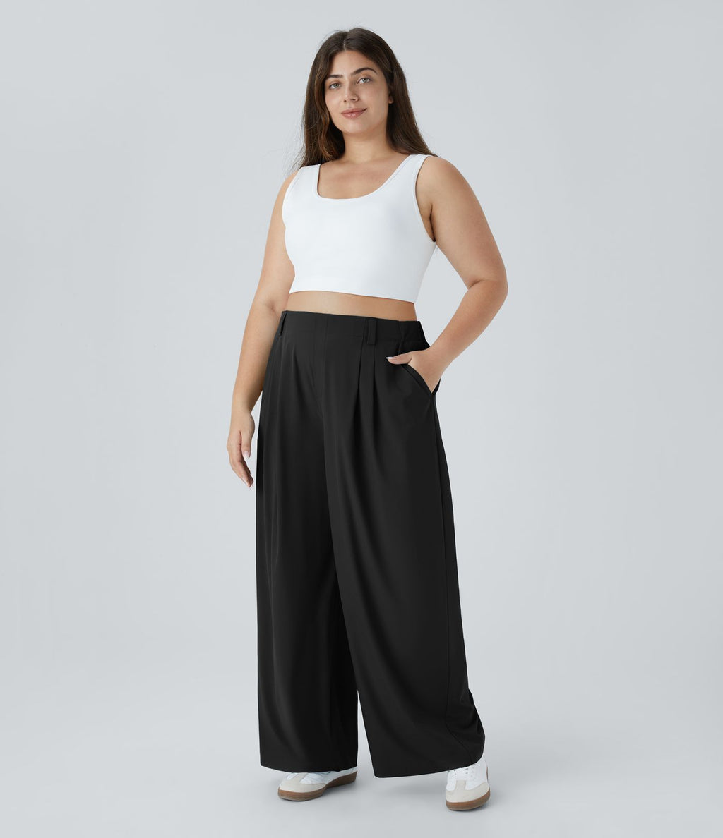 Breezeful™ Pantalon Évasé Palazzo Grande Taille Casual Taille Haute avec Plis Poche Latérale Fluide Uni et Séchage Rapide