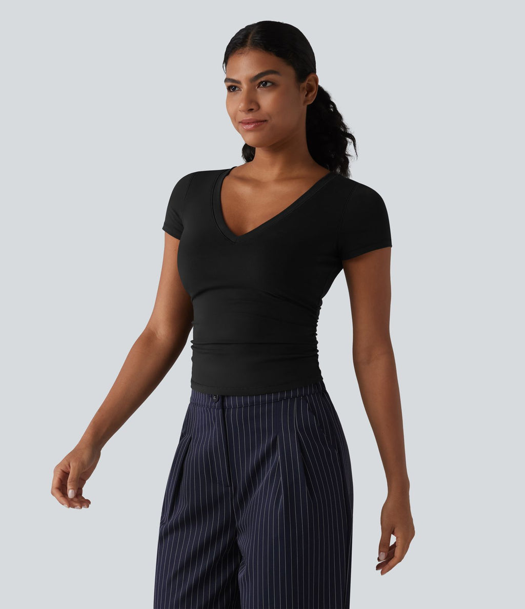 T-shirt décontracté col V manches courtes en jersey de coton avec soutien-gorge intégré push-up et fronces