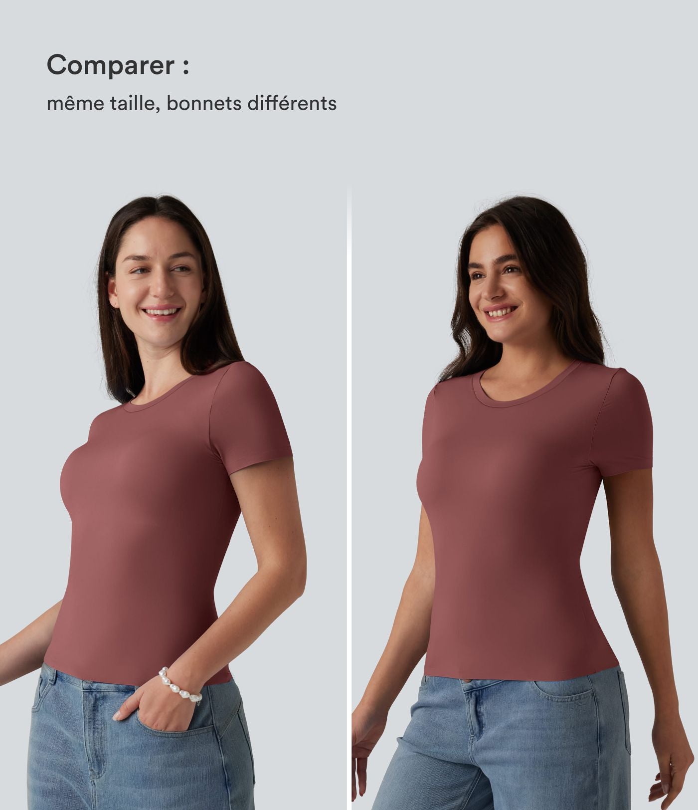 T-shirt décontracté col rond échancré à manches courtes avec soutien-gorge intégré bonnets B-DD