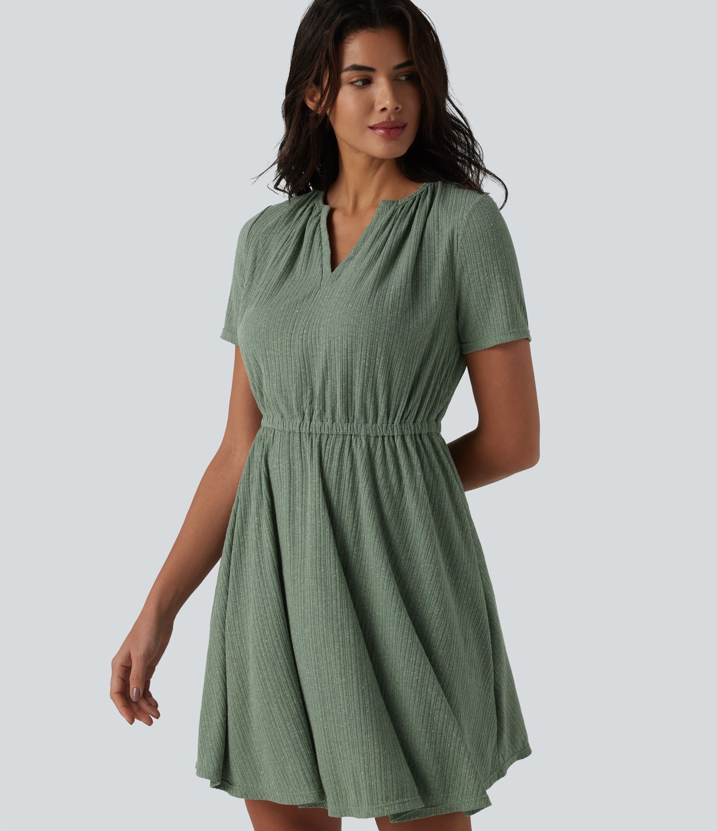 Robe mini évasée décontractée, maille côtelée en lin mélangé,  col V, manches courtes