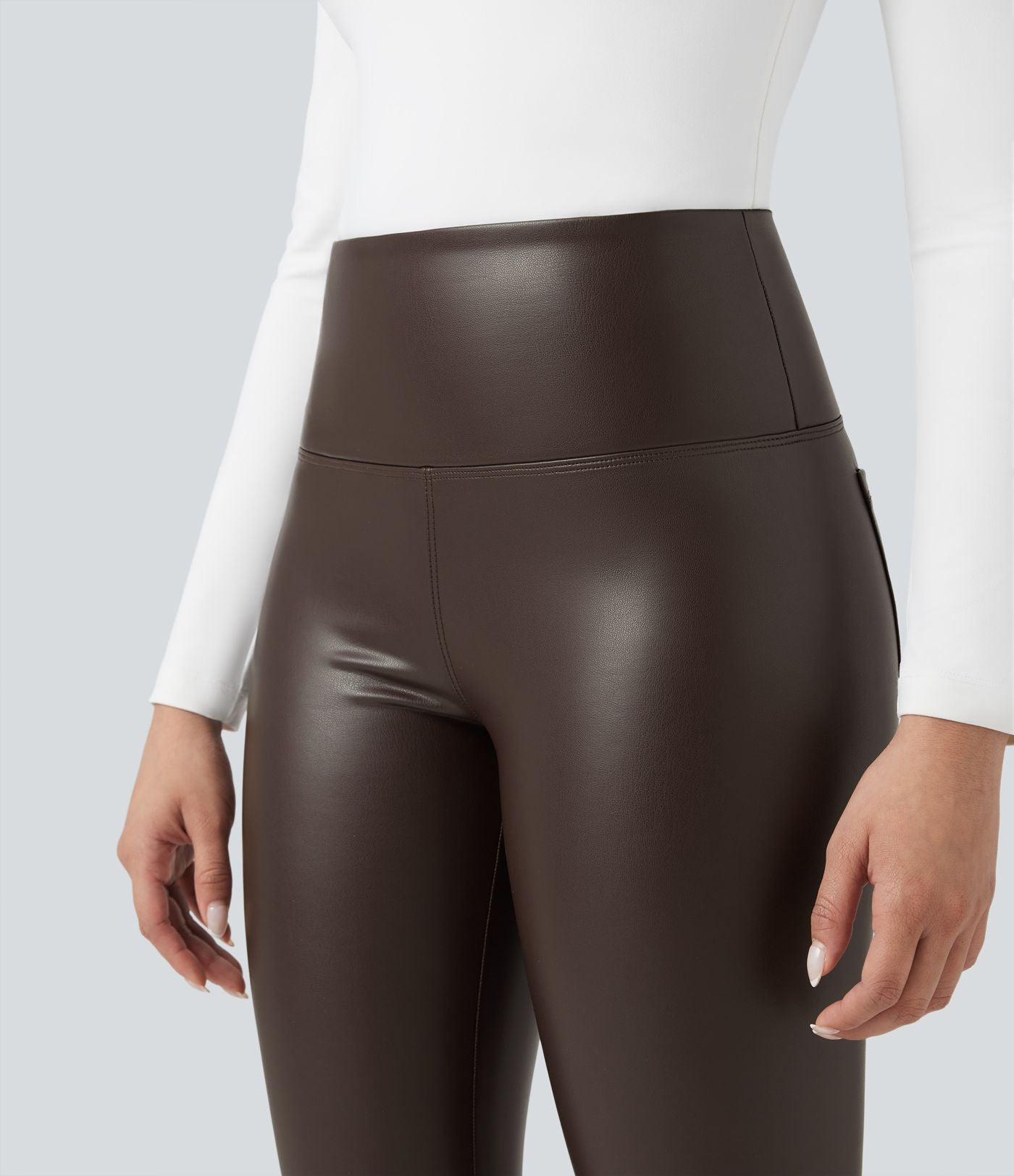 Pantalon 7/8 moulant décontracté polaire gainant taille haute extensible effet cuir avec poches