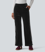 Pantalon évasé en velours taille basse color block à rayures avec poches