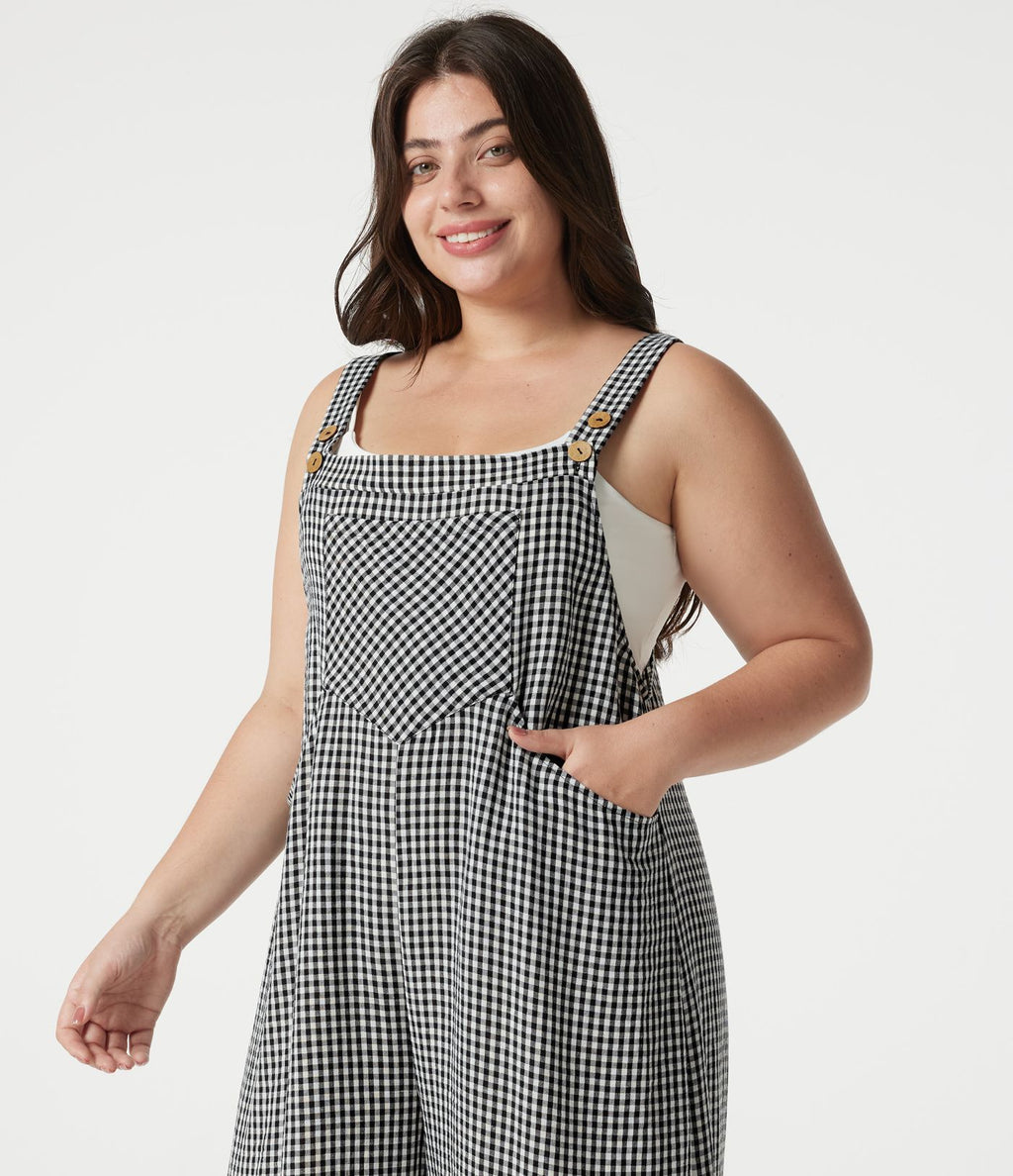 Salopette grande taille effet lin à carreaux avec poches