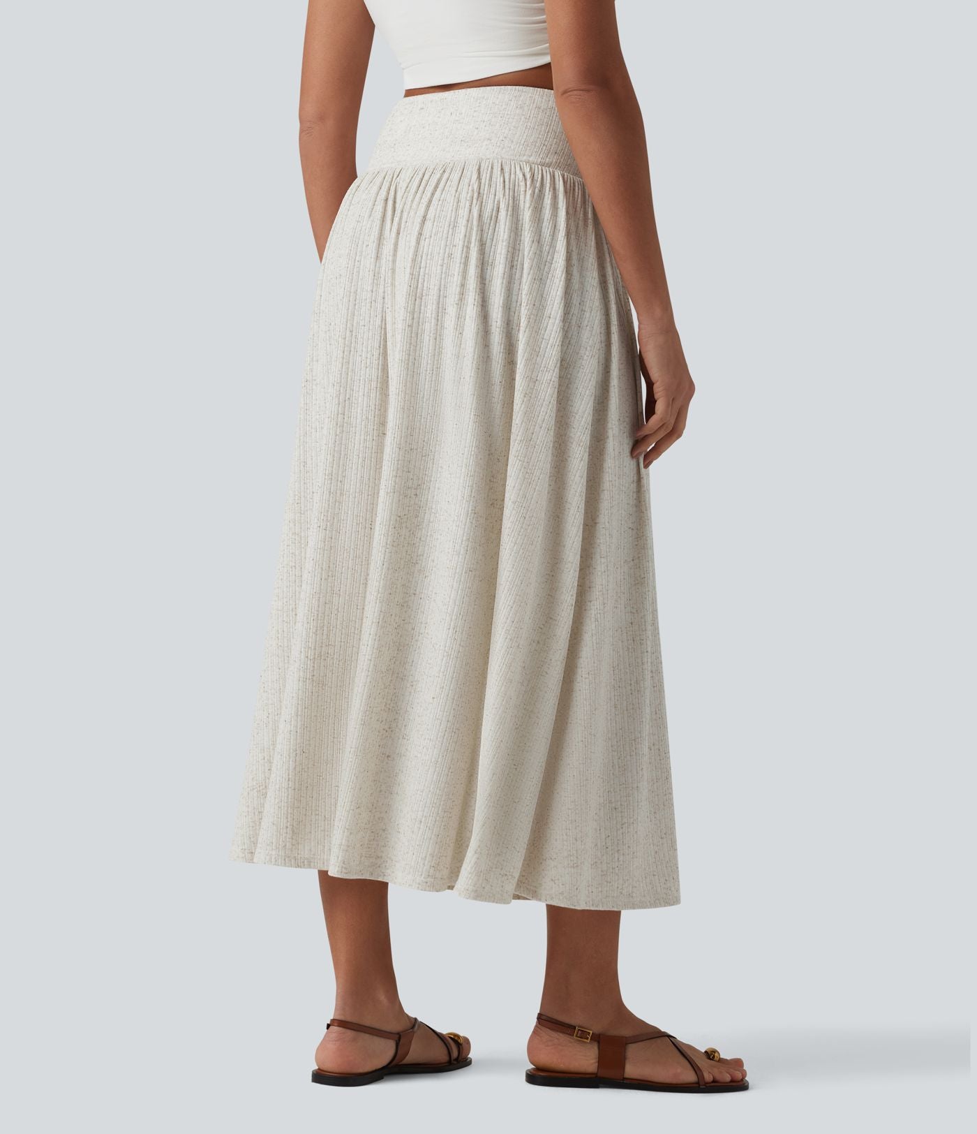 Jupe midi fluide casual taille haute ventre plat en maille côtelée mélange lin