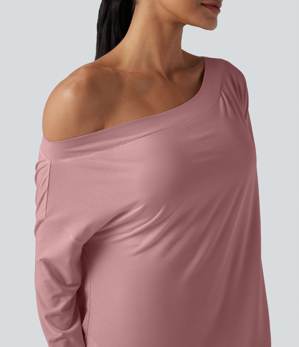 Top de sport yoga une épaule séchage rapide ourlet arrondi asymétrique manches longues avec trous pouces - Brassière intégrée