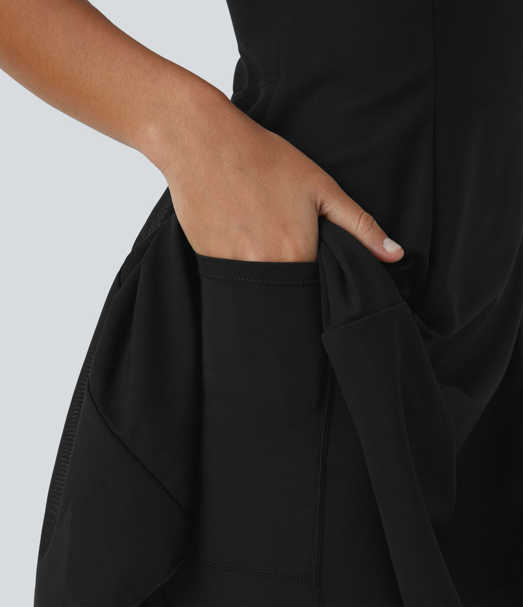 Robe de sport danse mini 2-en-1 laçage asymétrique résille contrastante fluide avec poche A-D