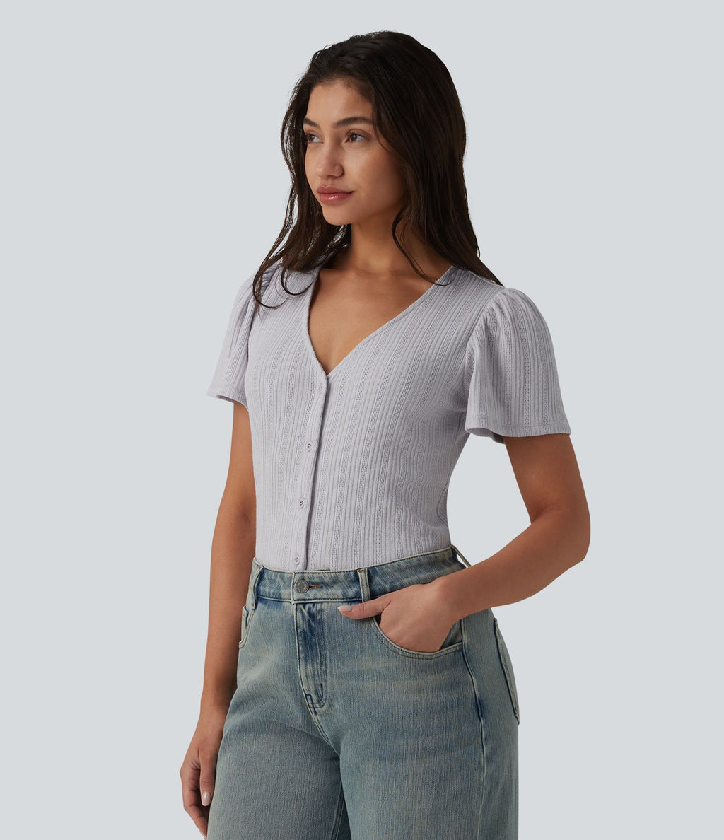 Top casual col V à manches courtes