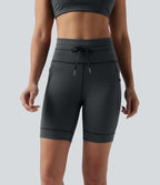 Short cycliste de yoga taille haute à rayures avec cordon de serrage 17,5 cm et poches