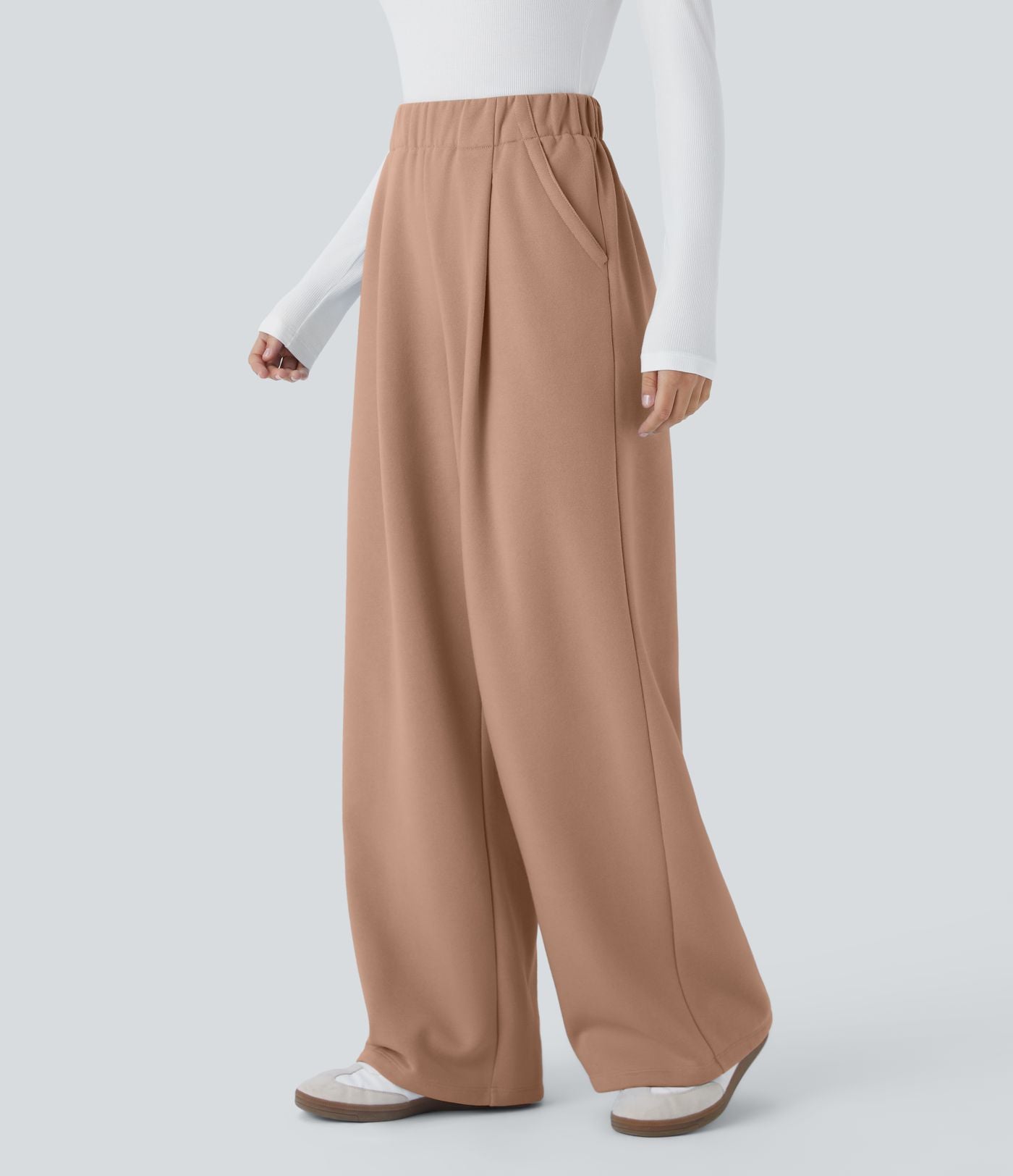 Pantalon Jogging Thermique Taille Haut Jambes Larges Poche Latérale Plissée en Fleece