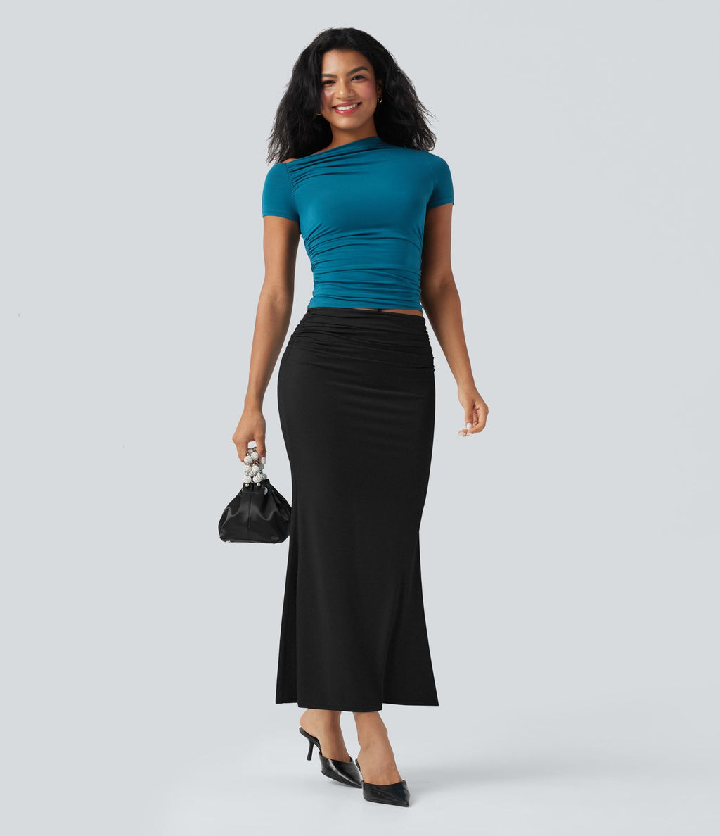 Jupe midi sirène froncée taille mi-haute