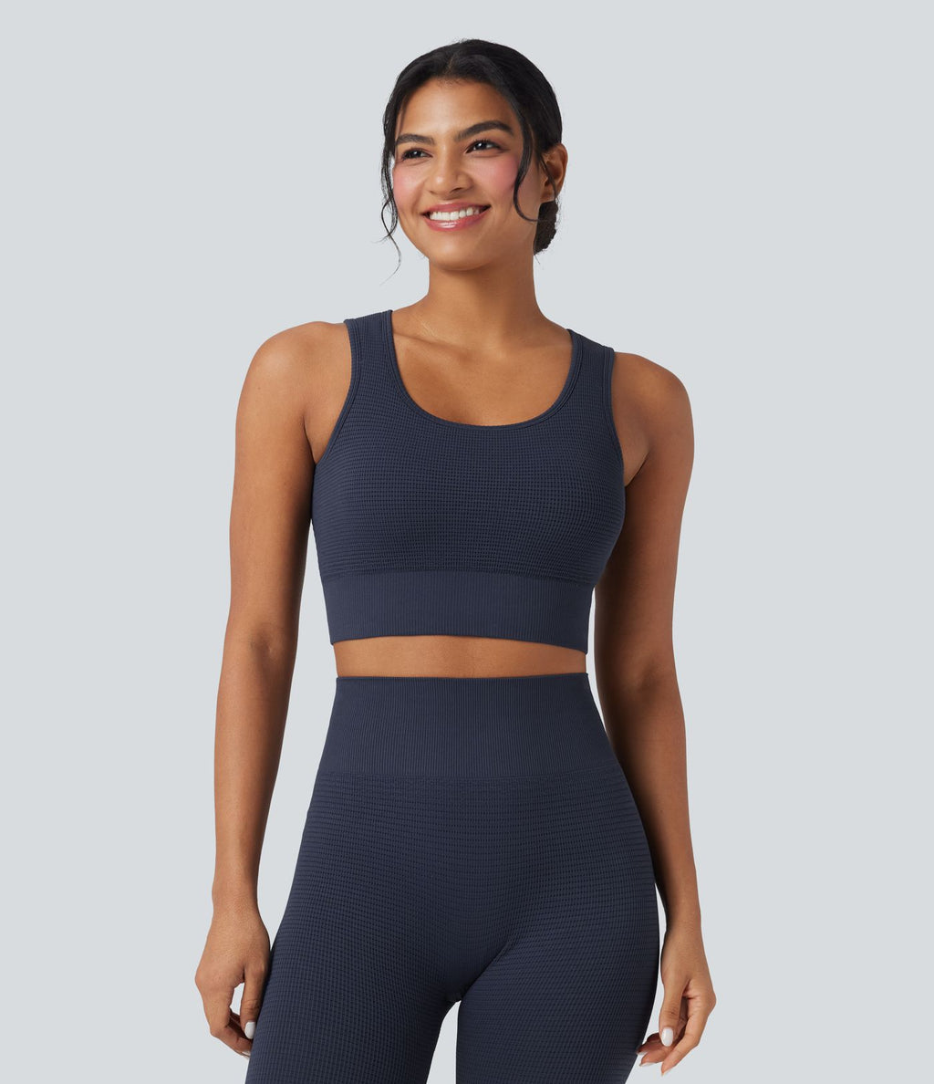 Brassière de sport yoga courte maintien léger col U en maille gaufrée sans couture OneForm Seamless Flow