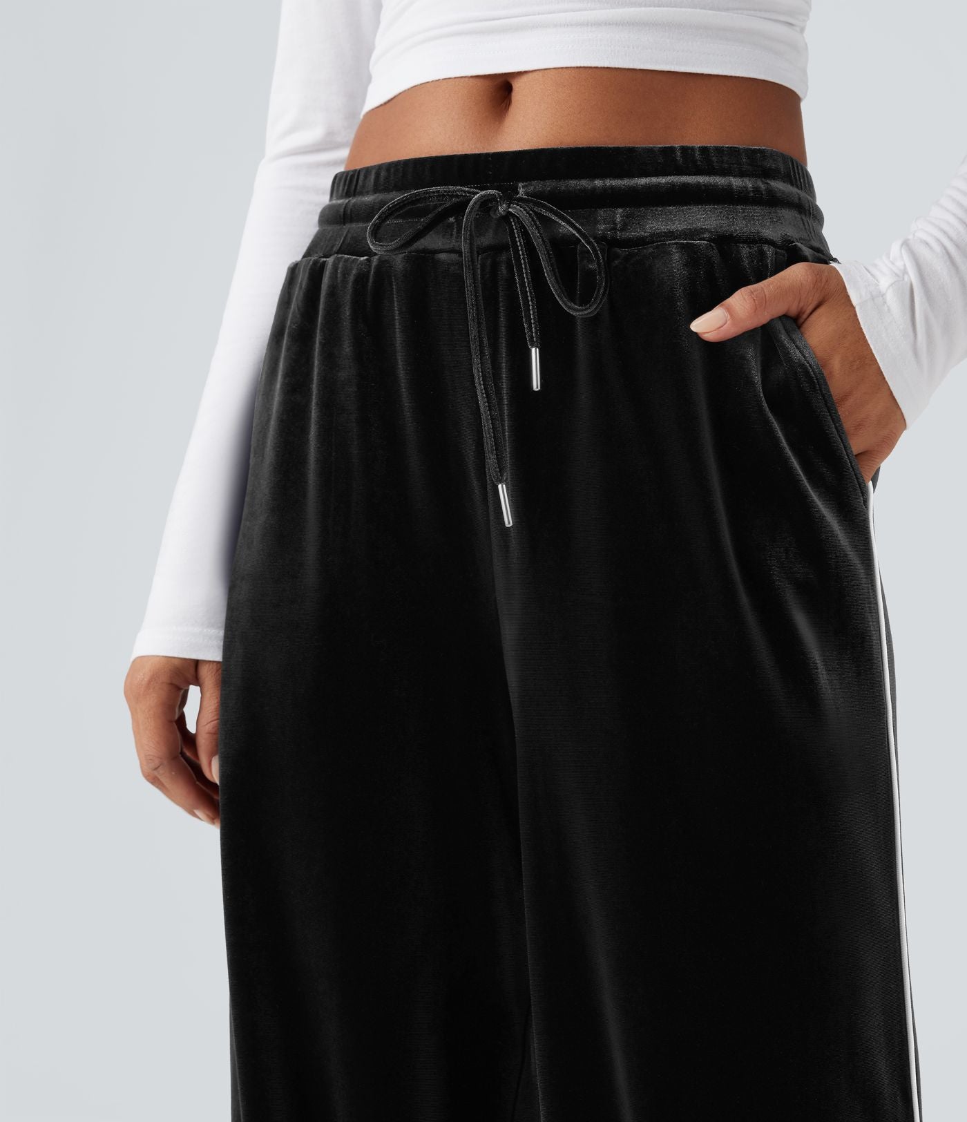 Pantalon décontracté droit en velours, taille mi-haute, avec cordon et poches
