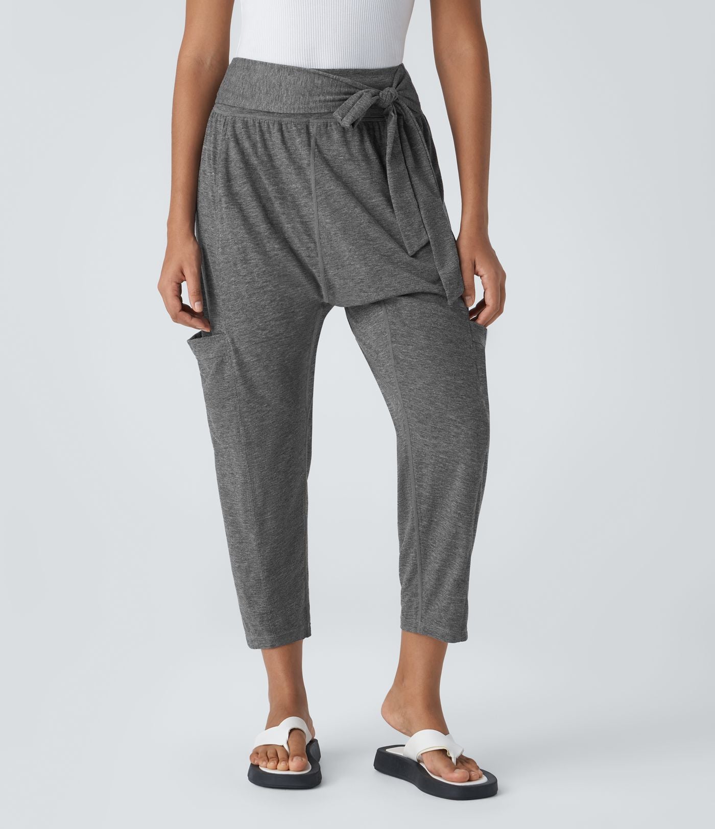 Pantalon Harem Casuak à Taille Mi-Haute avec Liens sur le Côté et Multiples Poches