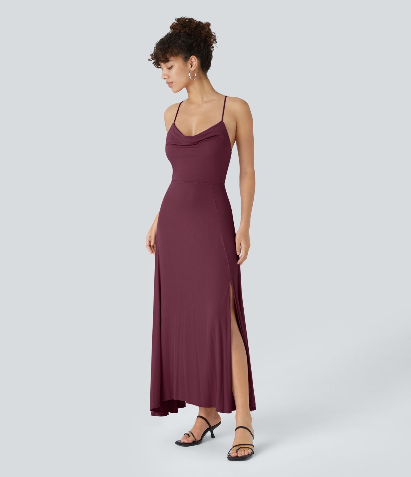 Robe Soirée Midi Encolure Côtelée Dos Nu Lacets Croisés Fendue