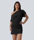 Robe mini moulante décontractée asymétrique manches courtes froncée