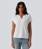 T-shirt décontracté semi-transparent col cranté manches courtes
