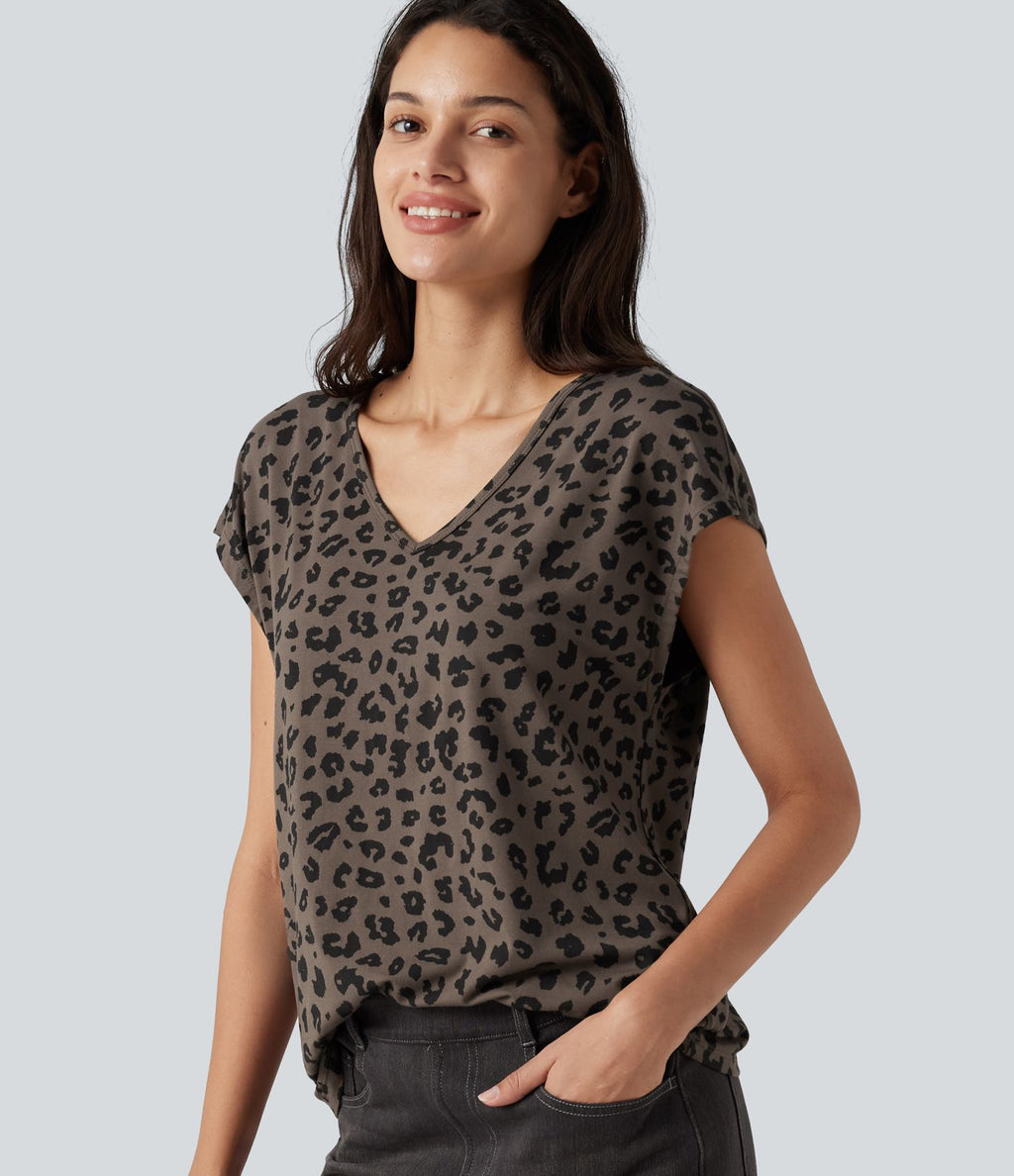 T-shirt casual col V à manches courtes et imprimé léopard